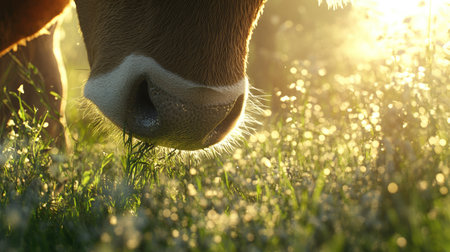 A detailed close-up of a cow's nose captures the essence of rural life, surrounded by fresh grass and dewy droplets, illuminated by warm sunlight, evoking a peaceful atmosphere.の素材