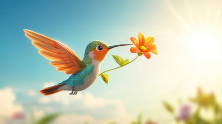 A charming hummingbird hovers gracefully by a bright orange flower, showcasing nature's beauty in a warm, sunlit environment filled with vibrant colors.の素材