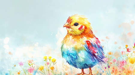 A vivid and charming watercolor illustration of a colorful bird standing amidst a field of wildflowers, creating a serene and whimsical atmosphere perfect for nature lovers.の素材