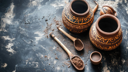 A captivating arrangement of rustic clay pots adorned with intricate designs, wooden spoons, and cocoa powder on a textured black surface, perfect for culinary artistry.の素材