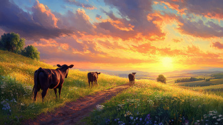 A picturesque scene featuring cows walking along a pathway, surrounded by vibrant greenery and wildflowers under a stunning sunset sky, capturing the essence of rural tranquility.の素材