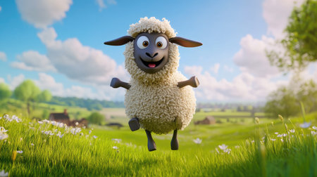 A whimsical cartoon sheep leaps energetically in a vibrant meadow, surrounded by a stunning rural landscape. The scene captures the essence of playfulness and joy in nature.の素材