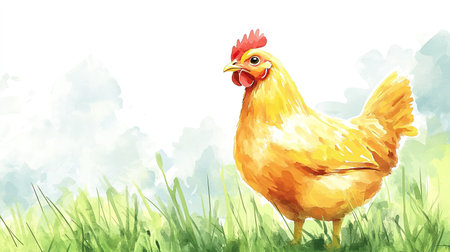 A cheerful yellow chicken stands in vibrant green grass, surrounded by soft clouds and a bright sky, ideal for nature, farm, or agricultural themes in creative projects.の素材
