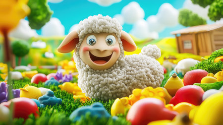 A joyful cartoon sheep stands in a colorful field of toys, creating a playful and vibrant atmosphere under a bright sunny sky, perfect for capturing the essence of fun and creativity.の素材