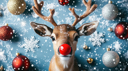 A charming reindeer with a bright red nose is the centerpiece, surrounded by vibrant ornaments and delicate snowflakes, creating a warm holiday ambiance.の素材