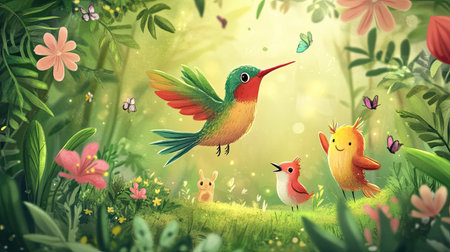 A delightful illustration featuring a vibrant hummingbird amidst charming forest creatures and colorful flowers, epitomizing a whimsical and joyful nature scene.の素材