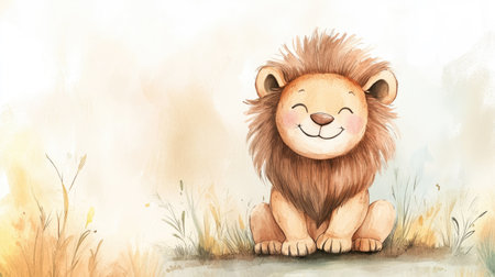 This charming illustration features a cheerful cartoon lion with a big smile, surrounded by soft watercolor elements. Perfect for kids' rooms or educational projects.の素材