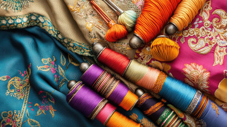 Discover a stunning arrangement of vibrant spools of thread and luxurious fabrics, ideal for inspiring creativity in sewing and crafting projects, evoking a sense of artistry and tradition.の素材