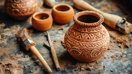 Discover the beauty of traditional clay pottery, displayed alongside artisan tools, reflecting the rich cultural heritage and craftsmanship of ceramic artistry in a rustic setting.の素材
