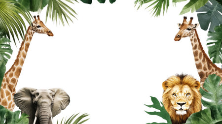 This vibrant illustration showcases giraffes, elephants, and lions framed by lush green tropical leaves, perfect for adding a lively touch to any safari-themed design or decor.の素材