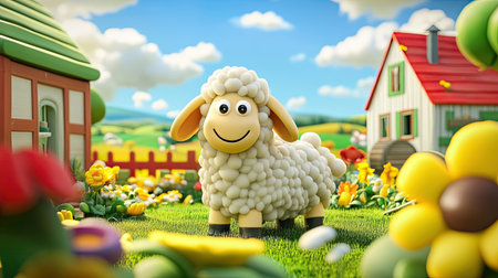 A delightful cartoon sheep stands in a lively field of flowers, surrounded by a colorful farmhouse and rolling hills, evoking a sense of joy and playful rural life.の素材