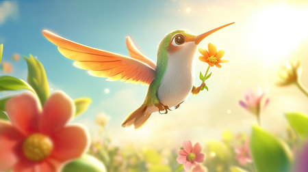 A whimsical illustration of a colorful hummingbird flying joyfully with a flower in its beak amidst a vibrant field of blooming flowers in an enchanting sunlight-filled setting.の素材