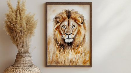 A stunning lion portrait captures the essence of wildlife with warm tones, perfect for adding a touch of nature to modern home decor. Ideal for art lovers.の素材