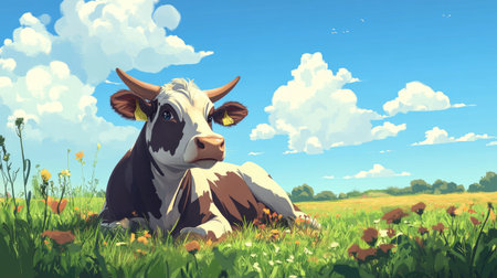 A charming illustration of a cow lying in a vibrant green meadow, surrounded by wildflowers, with a stunning blue sky and fluffy clouds above, capturing the essence of peaceful rural life.の素材