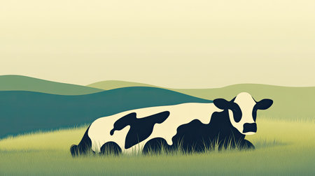 A tranquil illustration of a cow resting in a lush meadow, surrounded by gentle hills under a soft sky, exuding peace and connection with nature in an artistic style.の素材