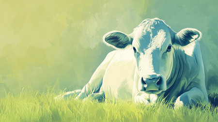 A peaceful cow rests gracefully on lush green grass, embodying the tranquility of nature and farm life, creating a perfect representation of rural beauty and serenity.の素材