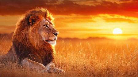This stunning image highlights a majestic lion basking in the warm glow of a sunset, set against a backdrop of lush grasslands, embodying the serene beauty of the African wilderness.の素材
