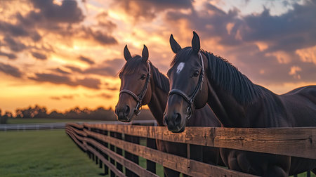 Two beautiful horses stand close together by a wooden fence during a stunning sunset, surrounded by vibrant clouds, creating a serene and peaceful rural landscape.の素材