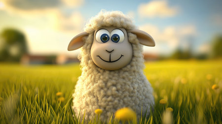 A charming cartoon sheep with large eyes and a cheerful smile stands in a lush green field, perfect for children themes and playful designs in art and illustrations.の素材