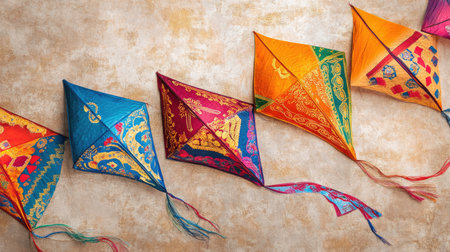 A stunning display of vibrant kites with intricate designs and patterns against a rustic background, exemplifying the joy and creativity of traditional kite flying festivals.の素材