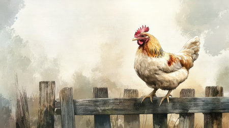 A stunning illustration of a rooster standing on a wooden fence, set against a calm countryside background, embodying rural charm and tranquility in nature.の素材