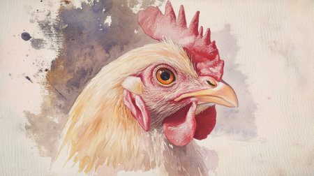 This stunning watercolor illustration showcases a chicken in rich detail, perfect for art lovers, educators, or anyone seeking unique decorative elements for farm-themed projects.の素材