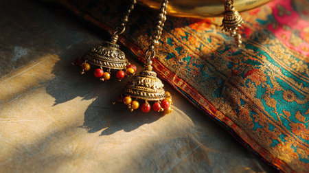 This captivating image features traditional Indian earrings resting on an ornate fabric, beautifully illuminated by soft natural light, showcasing intricate designs and vivid colors.の素材