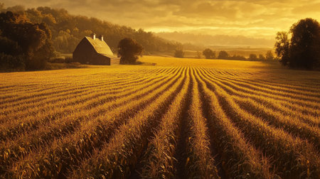 Experience the serene beauty of a golden farm landscape at sunrise, featuring a rustic barn and rolling hills, bathed in warm sunlight and a vibrant sky.の素材