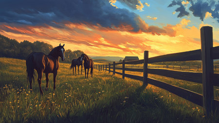 A picturesque sunset scene featuring horses grazing in a lush green field, framed by a rustic wooden fence and set against a backdrop of rolling hills and vibrant sky.の素材