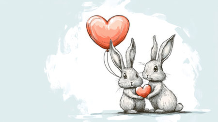 This charming illustration features two cute rabbits embracing a heart while holding a balloon. Ideal for themes of love, friendship, and celebrations like Valentine's Day.の素材