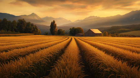 A breathtaking view of golden fields kissed by sunset light, framed by majestic mountains in the background, offers a serene escape into rural beauty and natural tranquility.の素材