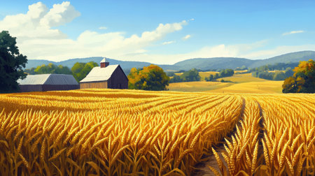 A captivating countryside scene showcasing vast golden wheat fields under a bright blue sky, offering a serene atmosphere and picturesque view of nature's beauty.の素材