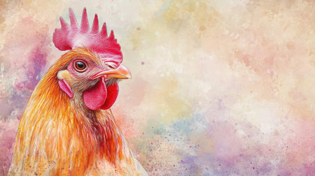 This stunning portrait features a vibrant rooster with intricate feather details, set against a soft pastel background, capturing the charm of rural life and the beauty of nature.の素材