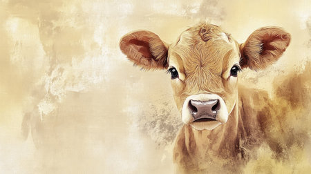 This artwork features a charming young calf with expressive features and soft fur set against a soothing pastel background, ideal for animal lovers and creative projects.の素材