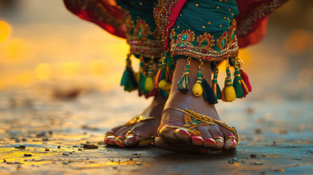 Close-up of beautifully adorned feet in traditional attire showcasing vibrant colors and intricate jewelry during a lively cultural dance celebration in warm sunlight.の素材
