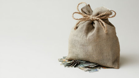 A burlap sack filled with cash rests on a minimalist background. This image represents financial success, investment opportunities, and wealth accumulation.の素材