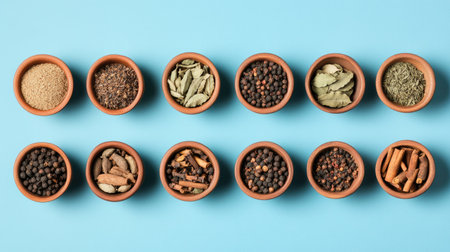 A visually appealing display of various spices and herbs in earthenware pots, showcasing their unique textures and colors against a bright blue surface.の素材