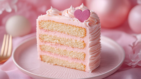 A delicious pink layered cake with creamy frosting, adorned with a heart decoration, perfect for celebrations and joyful gatherings. Ideal for dessert presentations.の素材