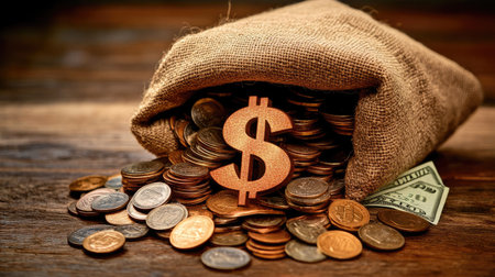 A rustic bag filled with coins and dollar bills laid out on a wooden surface, capturing the essence of financial growth, wealth, and the concept of savings in a vintage aesthetic.の素材