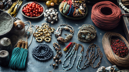 Explore a stunning array of handmade jewelry and craft supplies, featuring vibrant beads, threads, and unique accessories perfect for artistic projects and creative inspiration.の素材