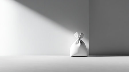 A minimalist image featuring a white trash bag resting in a sunbeam against a simple gray wall, evoking cleanliness and calm in a stylish interior design setting.の素材