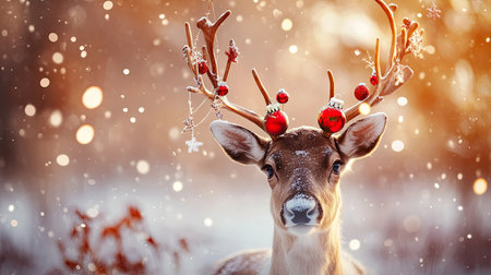 A lovely reindeer stands gracefully against a dreamy snowy backdrop, adorned with red ornaments on its antlers, creating a festive atmosphere in a tranquil winter scene.の素材