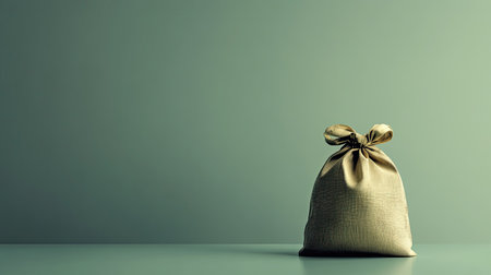 A brown fabric bag tied with a bow sits against a soft green background, offering a stylish and minimalistic option for creative design, presentations, or artistic mockups.の素材