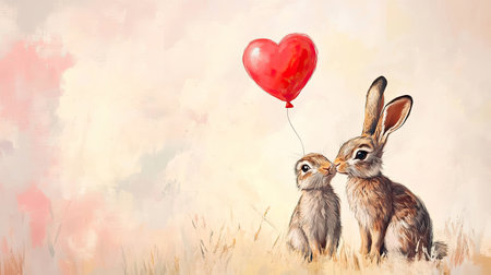 Whimsical illustration showing a pair of rabbits sharing a tender kiss while holding a red heart balloon, embodying themes of love and friendship in a soft, pastel setting.の素材