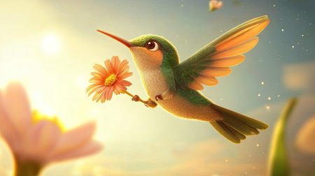 A delightful animated hummingbird holds a vibrant flower petal in its beak, surrounded by a dreamy garden filled with blossoms and soft light, evoking joy and tranquility.の素材
