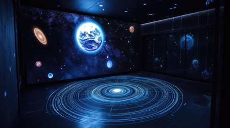 Experience an immersive outer space environment featuring stunning cosmic projections, planetary designs, and a futuristic ambiance perfect for educational and entertainment purposes.の素材