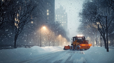 A snowplow operates in a quiet urban landscape, clearing snow-covered streets under gentle streetlights, creating a beautiful winter scene filled with snowfall and muted colors.の素材