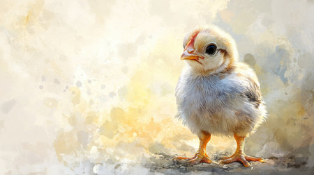 A charming and fluffy chick stands alone, showcasing its delicate feathers and bright eyes, set against a softly blurred light background that enhances its adorable features.の素材