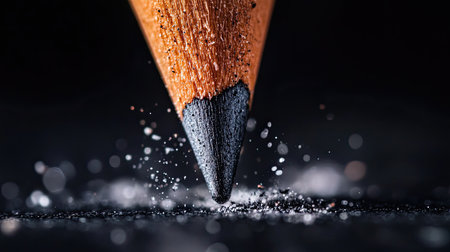 A striking close-up image of a sharpened pencil tip, showcasing fine details of shavings and dust against a dark background, perfect for artistic and educational themes.の素材