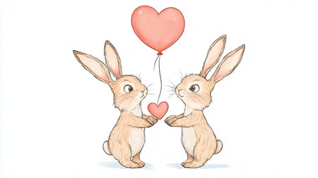 This delightful illustration features two cute rabbits joyfully holding a heart-shaped balloon, making it a perfect design for your Valentine's Day or love-themed projects.の素材